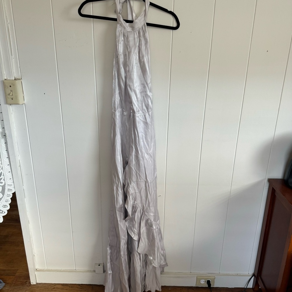 Sleeveless Silver Maxi Dress with Halter Neck
